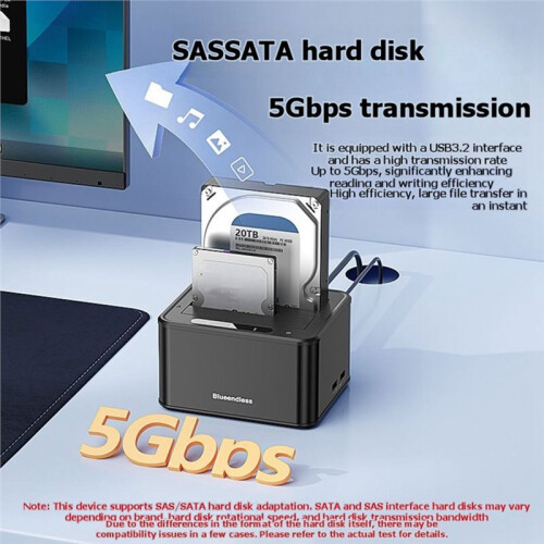 Blueendless Dual Bay 2.5/3.5 Inch SAS/ HD External Case  To USB 3.2 HDD Docking Station HDD Caddy Data Transfer Plug UK 2