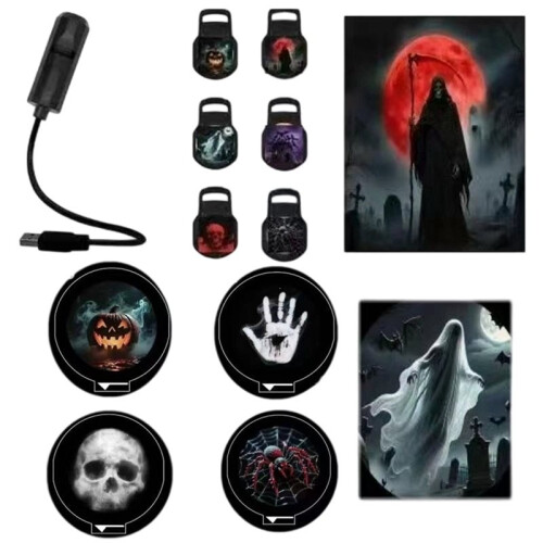 Halloween USB Projector Light with 6 Changeable Slides Spooky  Skull Pumpkin Room Decor Lamp