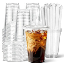 Clear Cups with Lids Straws Leak-Proof Sturdy Iced Coffee Cups with Lids,Disposable to Go Cups for Smoothies Cold Drinks