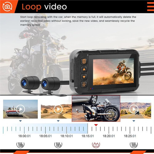 Motorcycle Dash Cam Dual Lens with 3" Screen, Waterproof Video Recorder, G-Sensor, Night Vision,Loop Recording 2