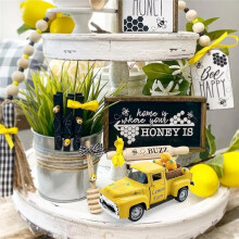Citronlastbilsdekoration, Bondgård Gul Pickup Lastbil med Citroner, Tiered Tray Bordstablett Dekoration Rustik Vintage Hem Accent