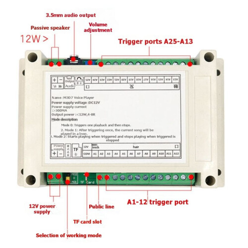 MP3 Playback Module Trigger Playback Board with 12W Power Amplifier Industrial Grade Voice Prompt Switchable Modes 1