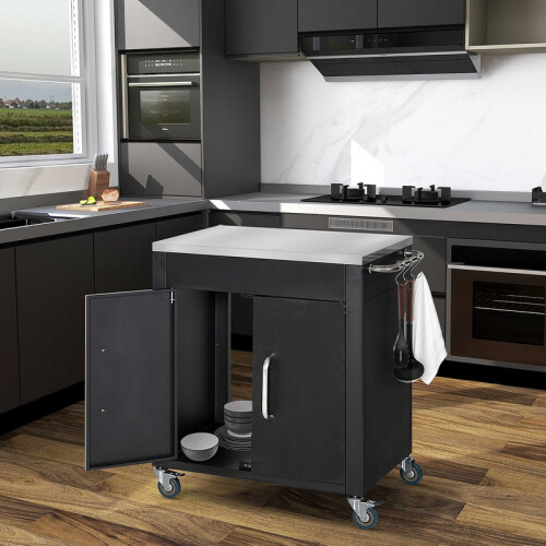 Kitchen Trolley Cart with Wheels, Storage Cabinet and Hooks 2