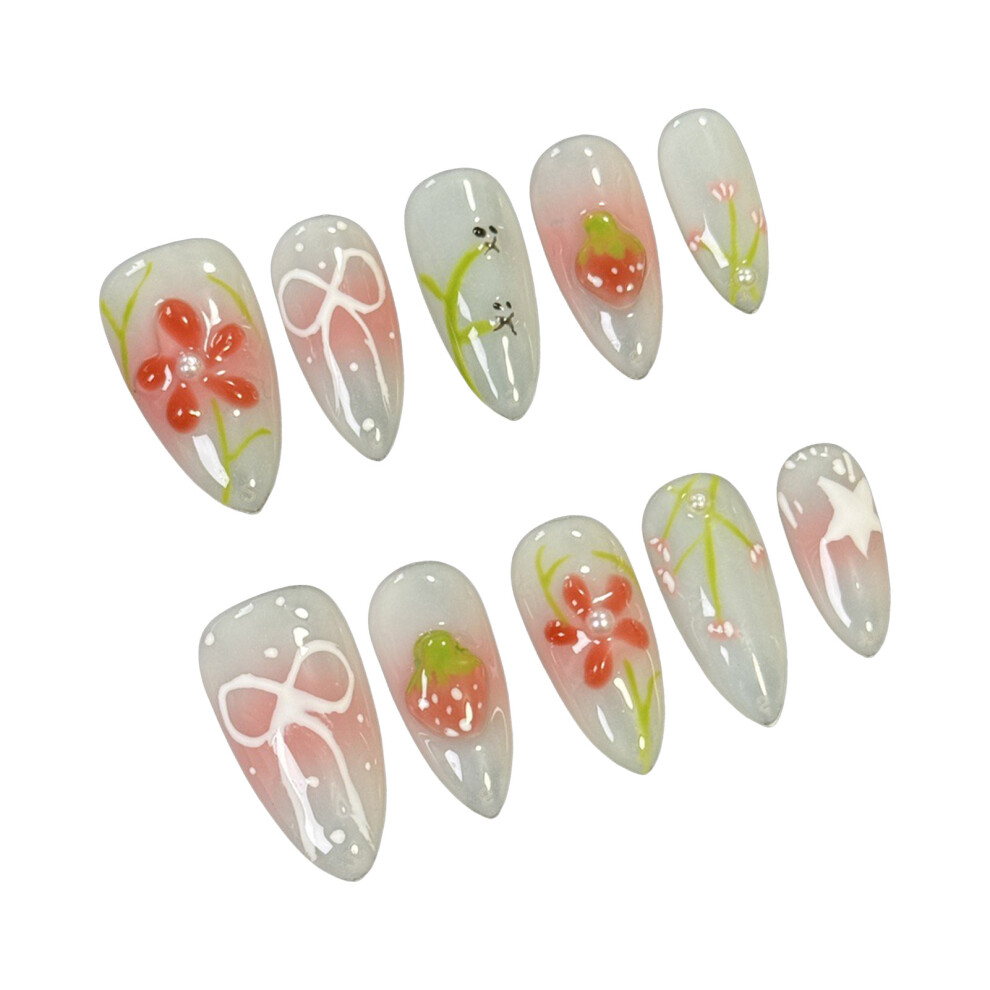 Penghui-Toys (Xs) 10Pcs Blush False Nails With Bowknot Print No Bad Smell Environmentally Friendly For Women Nail Art Decoration