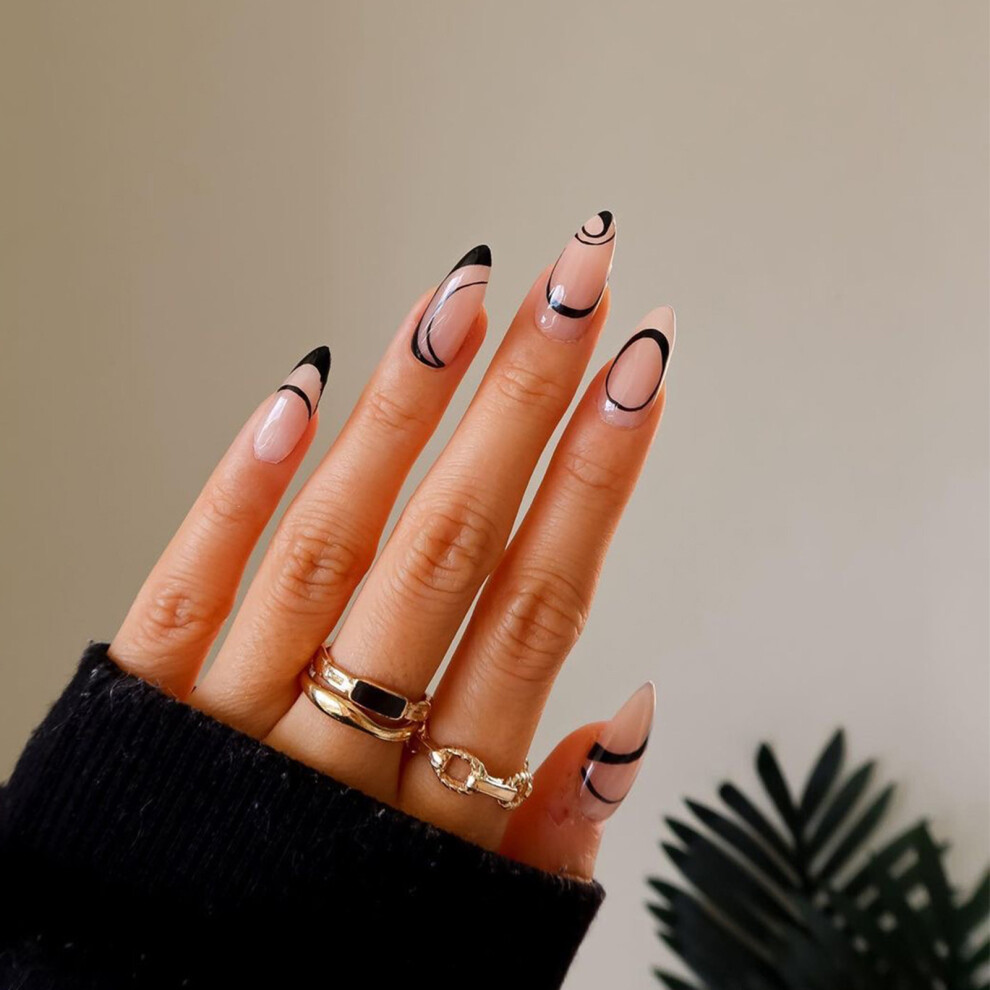 Hue-Grain 24Pcs Black Line Nail Patches, Removable False Nails