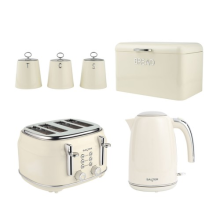 Salter Retro Cream 4Pc Set – 1.7L Kettle, 4‑Slice Toaster, Bread Bin & Canisters