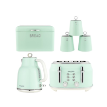 Salter Retro Green Kettle, Toaster & Bread Bin Set 4 Slice Rapid Boil Wide Slots