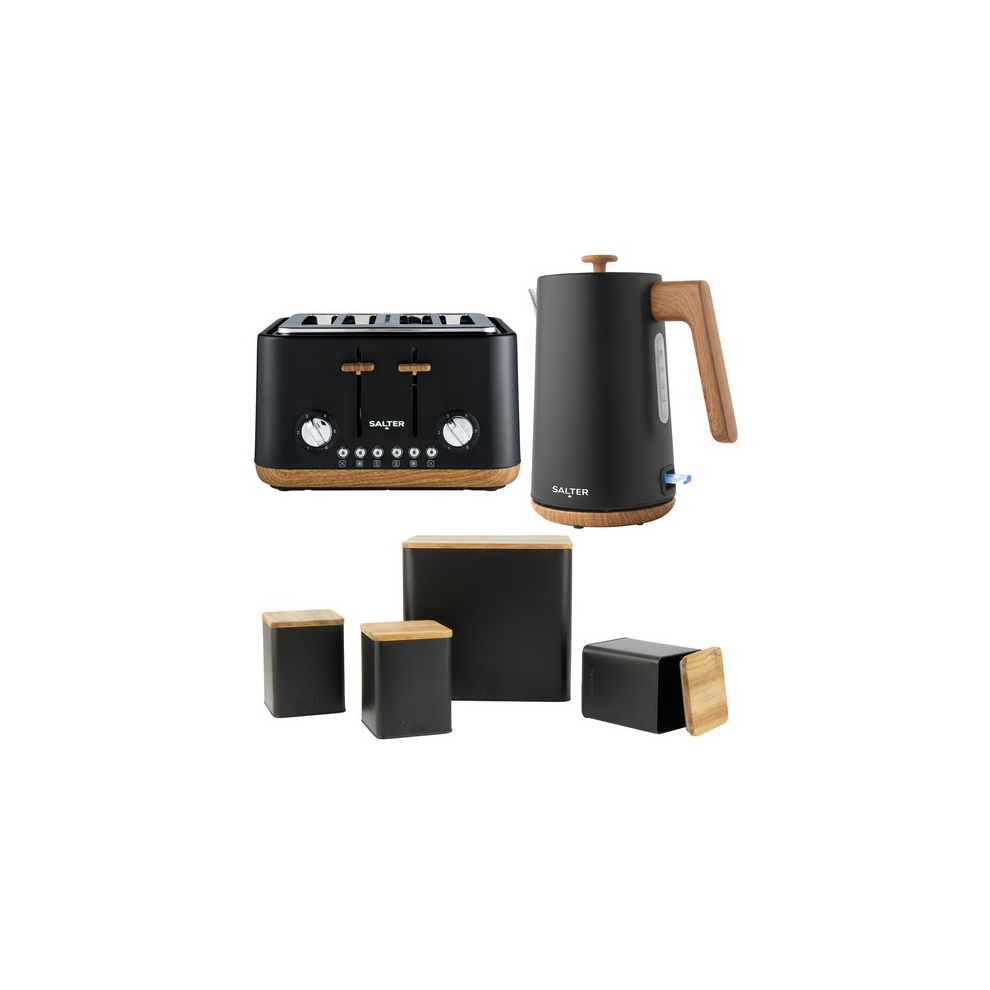 Salter Toronto Kettle Toaster Canister Set 1.7L Fast Boil 4 Slice Black Wood