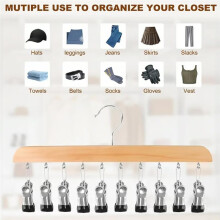 8PCS Space-Saving Closet Organizer with 10 Clips - Multi-Purpose Hanging Storage for Wardrobe, Wooden Hangers Vintage