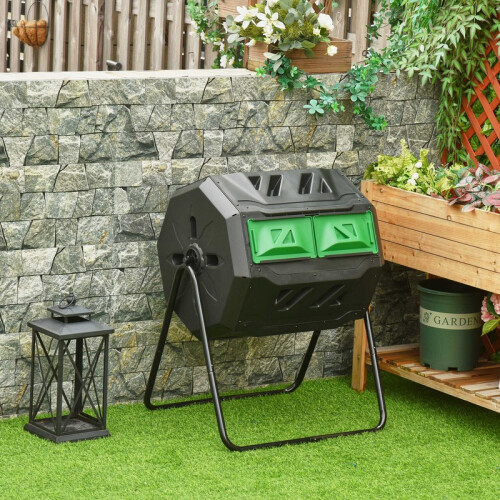 Rotating Compost Bin 160L, 2 Compartments Garden Composter, Outdoor Waste Container 2