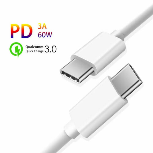 Cable de carga rápida USB-C a USB-C 60W, 3A, PD, 3m - Blanco