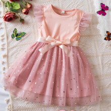 (01. by image style, 110cm) 2026 New Summer Kids Girl Dress Starry Sky Gradient Mesh Princess Dress Children Short Sleeve Casual Skirt