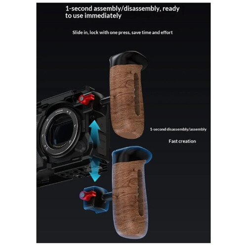Universal Quick Release Side Handle Grip Wooden Handle with 1/4"Thread Holes Cold Shoe for DSLR Camera Camera Cage B