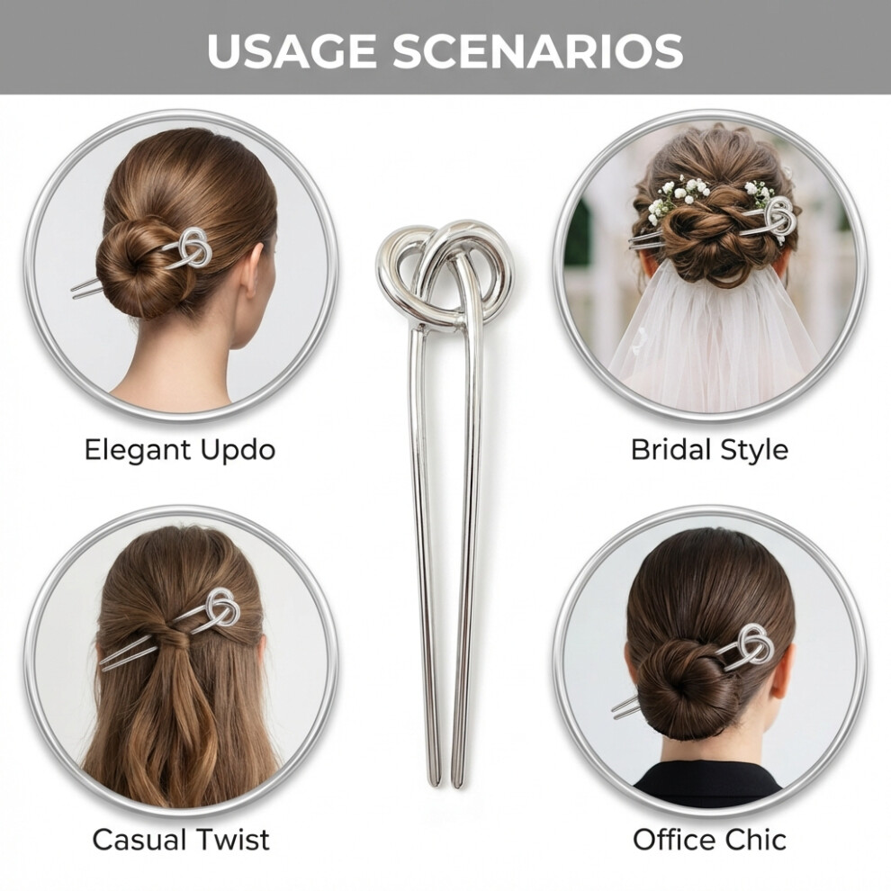 Creation-3C (Silver, Knotted U Shape) Smooth U-Shaped Metal Hairpin, Durable Alloy