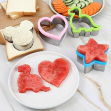 4 Pcs Sandwich Cutter Set, Stainless Steel Cookie Cutters with Colorful Plastic Rims, Dinosaur Heart Star Cartoon Mouse Shapes for Baking Bento Molds