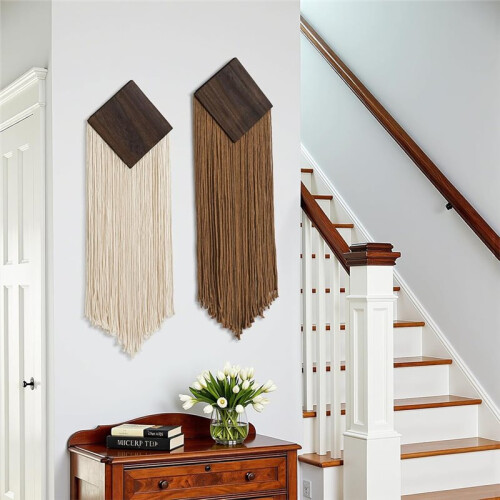 Boho Macrame Wall Hanging, Geometric , Chic Tassels Woven Tapestries, Boho Decoration for Wall Decoration,2 Pack