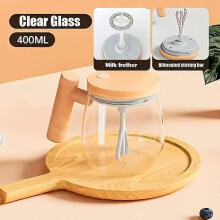 Self-Stirring Mug 13.53 oz, High Borosilicate Glass with Wooden Handle and Lid, Battery-Powered Rotating Stirrer for Coffee Milk Protein Powder, Home