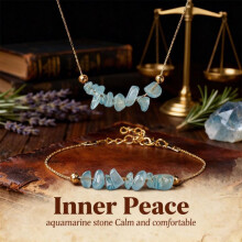 (L2084-necklace+bracelet) Natural Aquamarine Chips Crystal Bracelet Necklace Set, Healing Stone Handmade Jewelry, Unisex Boho Gift