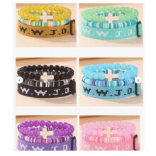 (L0549-pink (with card)) 3-Piece Cross Bracelet Set Purple Pink Blue Layered Woven Rope Bracelets with Card