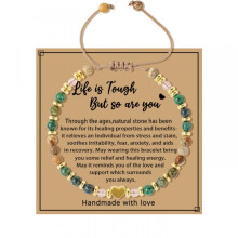 (L1984-apprical (with card)) Bohemian Beaded Bracelet Natural Stone Crystal Healing Bracelet with Card Adjustable Length Boho Jewelry