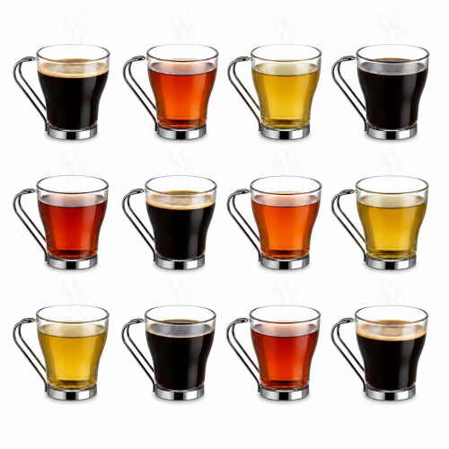 (12) 80ml Glass Espresso Coffee Cups w/ Metal Handle