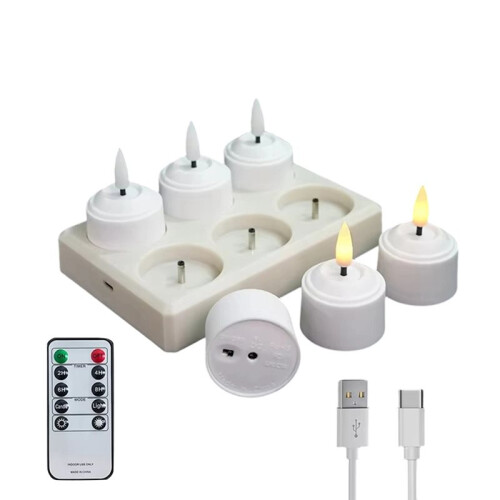 3D Wick LED Tea Light Set with Remote Control, Timer, and USB Charging Station