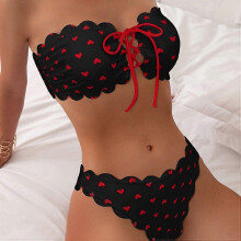 (XL, Red Heart On Black) Women's Petal-Edged Heart Print Bikini Set, Scalloped Trim Two-Piece Swimwear with Red Heart Tie