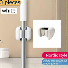 Self-Adhesive Mop and Broom Holder, No-Drill Wall Mount Organizer for Kitchen Bathroom, 3 Pcs White Plastic Storage Clips
