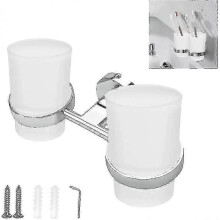 Frosted Glass Tumbler Holder Wall Mounted Double Toothbrush Holder Zinc Alloy Toothbrush Glass Tumbler Holder Round Stand Toothpaste Double Glass Hold