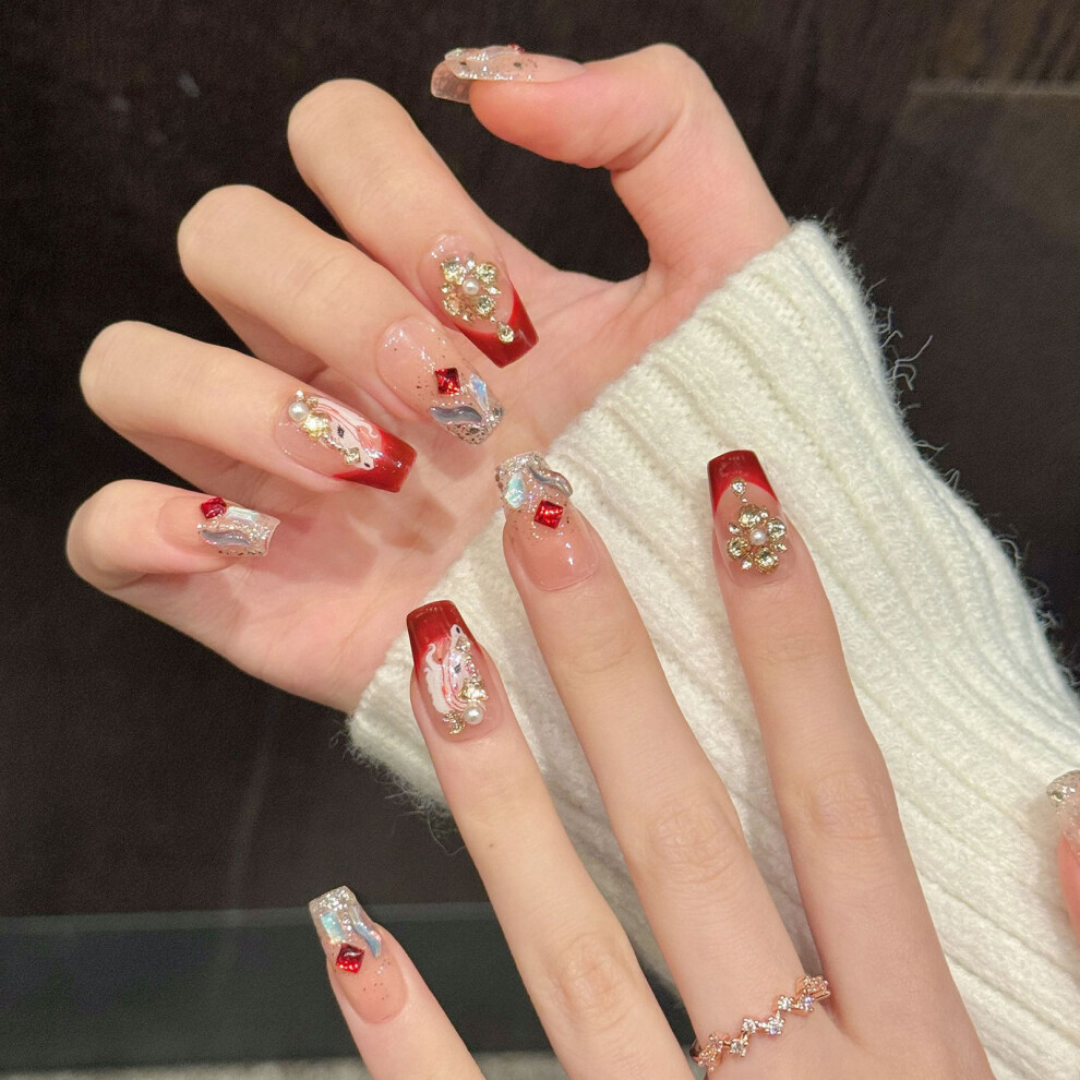 Dachuang Beauty (Short Ladder, Xs) Glitter Red Gradient False Nails - 10Pcs