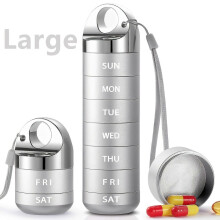 (Matt Blue) Aluminum Alloy Weekly Pill Organizer, Portable Waterproof 7-Day Pill Box with Wrist Strap for Daily Medications Vitamins Supplements
