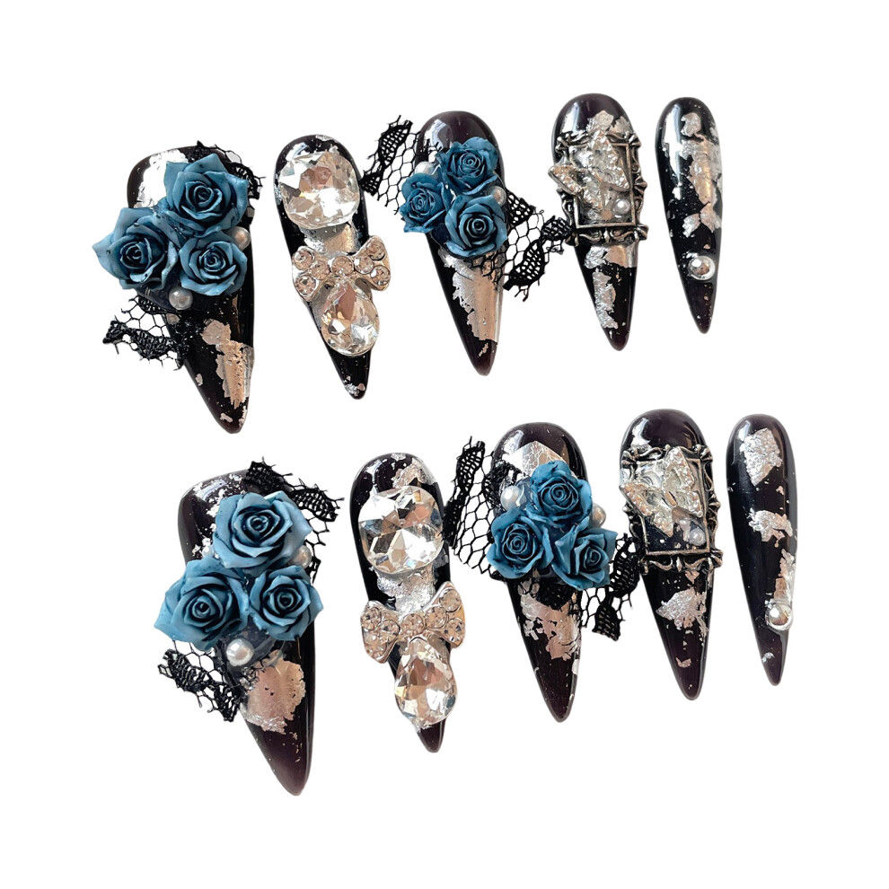 Zhouq-Outdoors (Long Pointed, Xs) Blue Rhinestone Fake Nails, 10Pcs, Party Wedding
