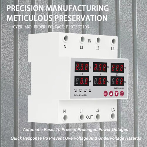 Three Phase Adjustable over and Under Voltage Protector Relay with Current Protection with Automatic Reset Function 63A 2