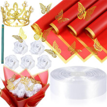 74 Pieces DIY Artificial Roses Bouquet Fake Ribbon Flowers Bouquet 1-1/2Inch Satin Ribbon Gold Wrapping Paper White