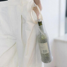 (Brown Handle) Rhinestone Wine Bag with Sturdy Handle, Mesh Design Reusable Wine Pouch for Wedding Gift Special Events