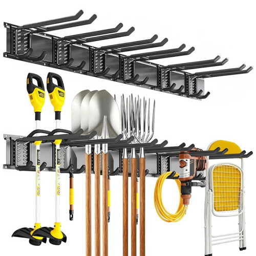 Garage Tool Organizer Wall Mount, Heavy-Duty Storage System with 6 Adjustable Hooks for Shovels, Tools, and More 2
