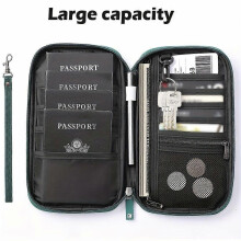 (Green) Travel Passport Wallet with RFID Protection, Lightweight Zippered Family Document Organizer, Wet Wipe Clean Surface