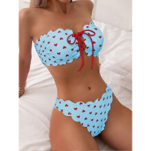(XL, Red Background) Women's Petal-Edged Heart Print Bikini Set, Scalloped Trim Two-Piece Swimwear with Red Heart Tie