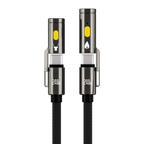 240W Type-C Cable with LED Flashlight and Igniter Nylon Braided Fast Charging Cable for Type C Charging Device 2m