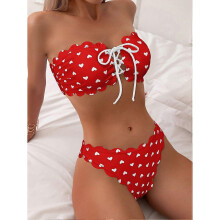 (L, Red Background) Women's Petal-Edged Heart Print Bikini Set, Scalloped Trim Two-Piece Swimwear with Red Heart Tie