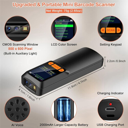 Portable  Barcode Scanner, Wireless 2D QR 1D Bar Code Scanner with LCD Display for  Phone, Computer & POS 2