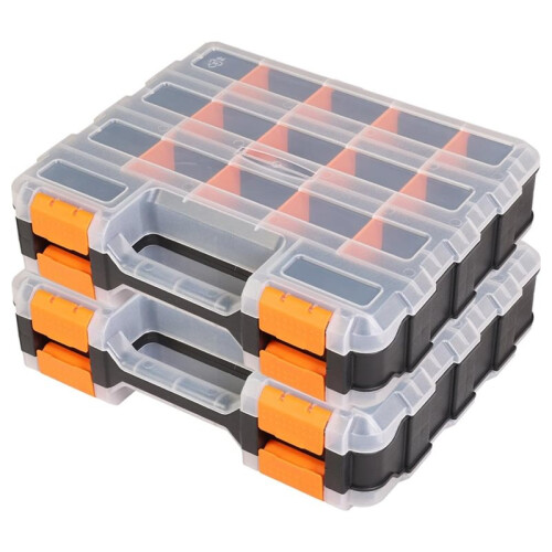 Tool Box with Transparent Lid, Double-Sided 34-Compartment Organizer with Removable Dividers, 2 Pack