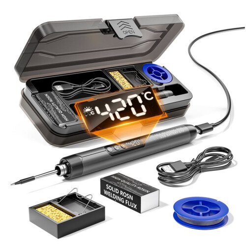Kit de Ferro de Soldar com Display Digital LED, Interface Tipo C, Sem Fio, com Controle de Temperatura, Cinza.
