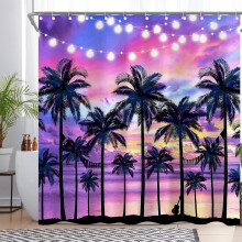 Cortina de Ducha Impermeable 180x180 cm Palmeras Rosas Vacacionales — accesorios baño modernos