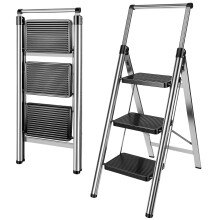 Folding 3 Step Ladder with Handrail Non-Slip Stainless Steel Step Stool, Anti-Shake Portable Household Stepladder with Wide Pedals, Max Load 150kg