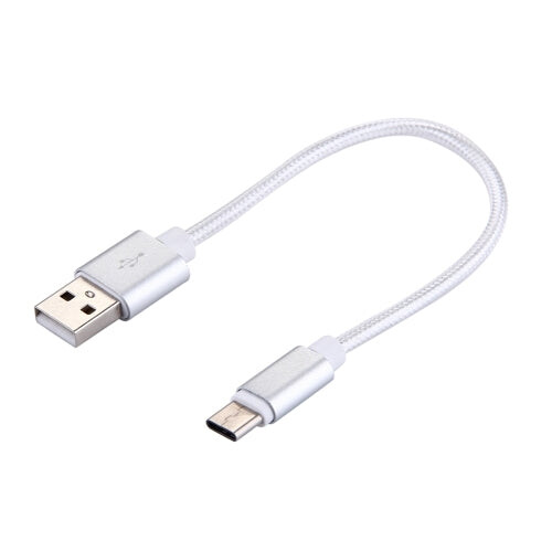 USB-C Kabel kort, 2.4A, 12W, 20cm, Nylon - Zilver