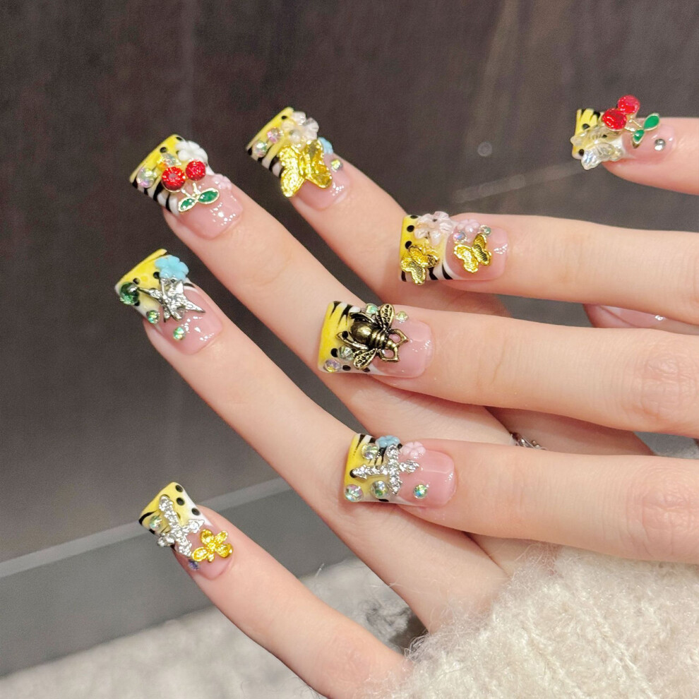 Roc-Electron (Xs) 10Pcs Pink Yellow Fake Nails W/ Bee Butterfly Design