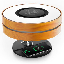Lampe de chevet de bureau, haut-parleur Bluetooth, chargeur sans fil 10W, marron — lampe veilleuse design