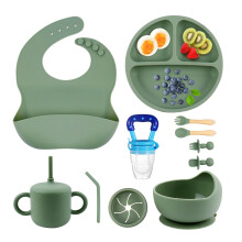 Ensemble d’alimentation pour bébé en silicone antidérapant confortable vert — vaisselle bebe apprentissage
