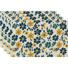Individuales de mesa Boho 45x30 cm de lino con motivos florales lavables, pack de 4 unidades
